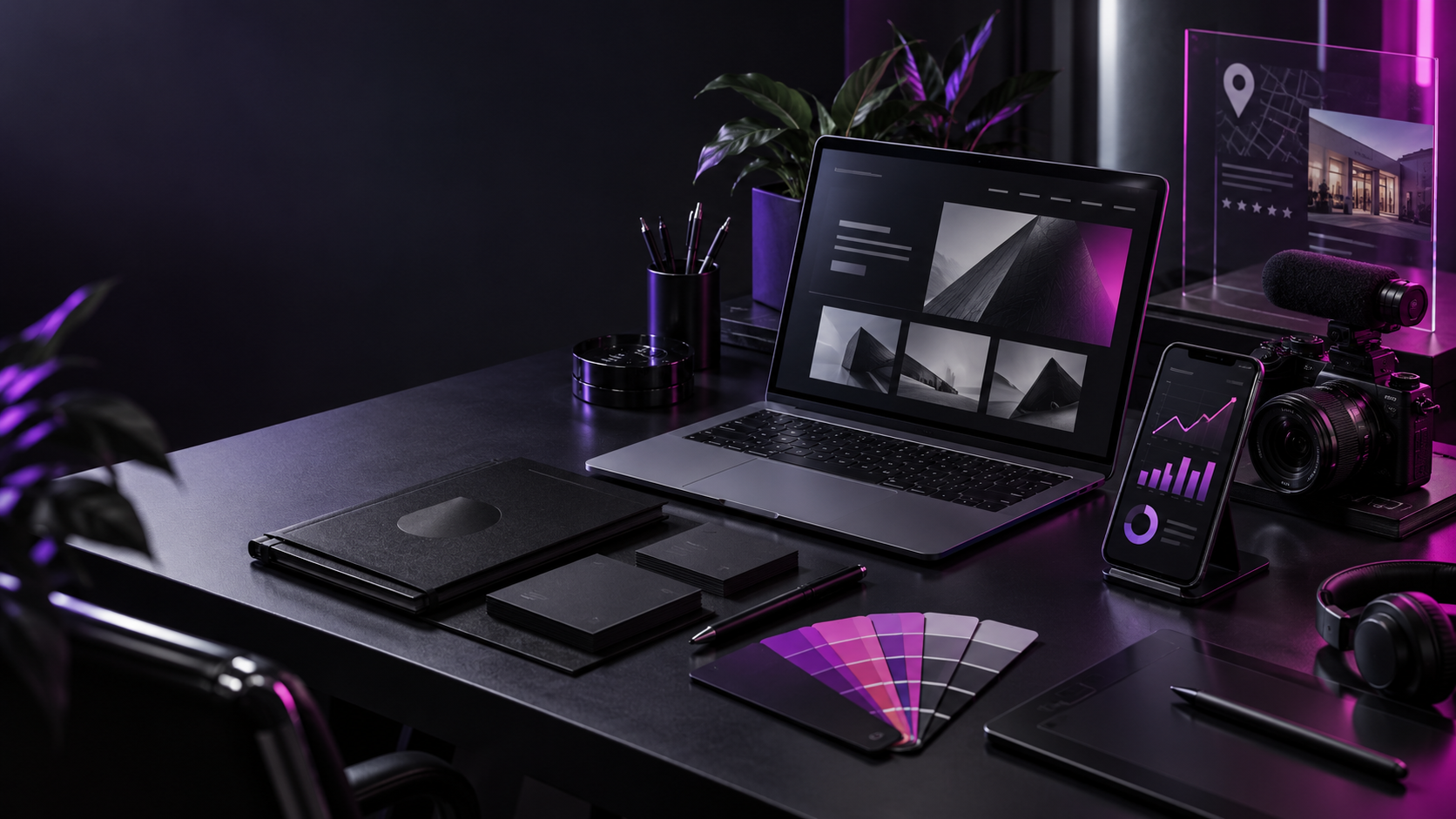 Estúdio criativo com equipamentos de design, marketing, conteúdo e tecnologia